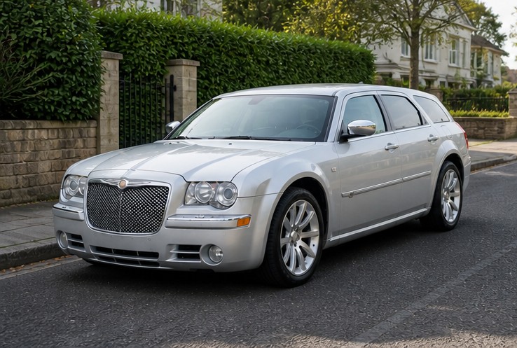 Bride and groom with Chrysler 300C at The Granary at Fawsley, Silver Crown Weddings, www.silvercrownweddings.com, 07345686009, contact@silvercrownweddings.com