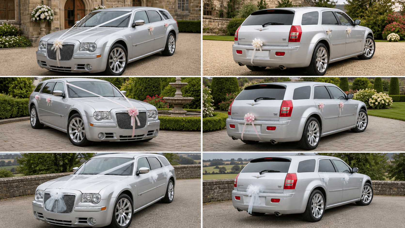 Chauffeur opening Chrysler 300C door for bride at Dodford Manor wedding, Silver Crown Weddings, www.silvercrownweddings.com, 07345686009, contact@silvercrownweddings.com