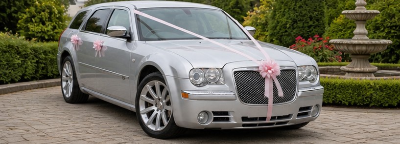 Chrysler 300C on tree-lined drive, Hellidon Lakes wedding, Northamptonshire, Silver Crown Weddings, www.silvercrownweddings.com, 07345686009, contact@silvercrownweddings.com